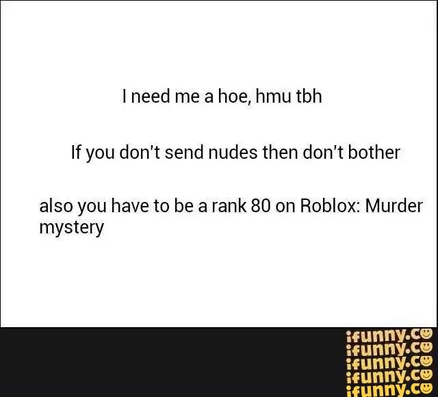 Ineed Me A Hoe Hmu Tbh If You Don T Send Nudes Then Don T Bother Also You Have To Be A Rank 80 On Roblox Murder Mystery Ifunny - roblox tbh tumblr