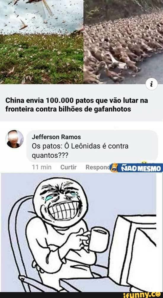 China envia 100.000 patos que vão lutar na fronteira contra bilhões de gafanhotos
Jefferson Ramos
Os patos: Ô Leônidas é contra quantos???
Curtir
FINO MESMO
