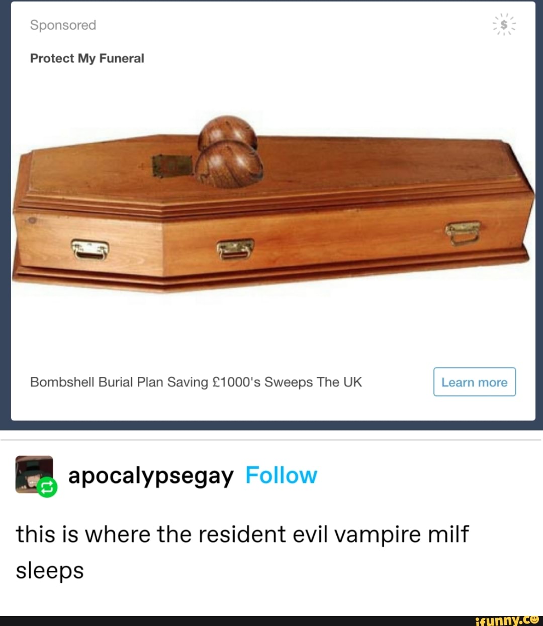 Sponsored
Protect My Funeral
Bombshell Burial Plan Saving Sweeps The UK Learn more
this is where the resident evil vampire milf sleeps