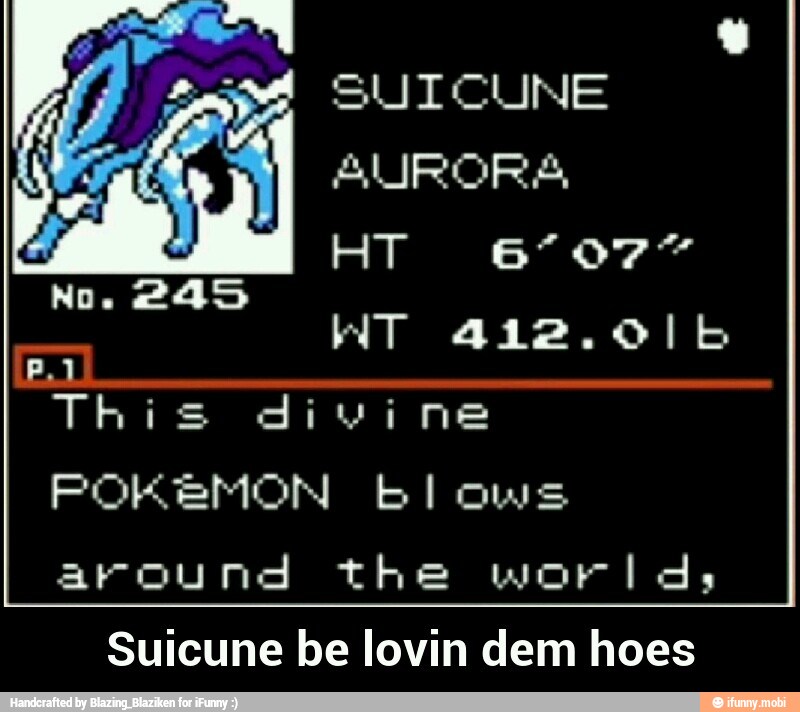 "This
divine
POKEMON blows
around the worlds,
Suicune be lovin dem hoes - Suicune be lovin dem hoes