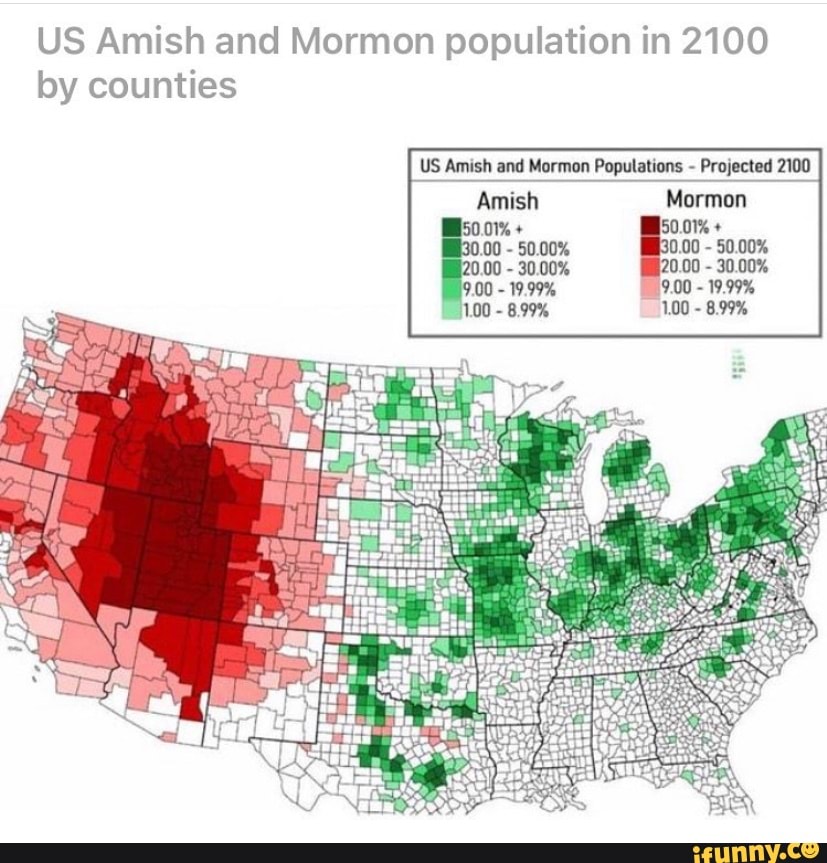 US Amish and Mormon population in 2100 by counties US Amish and Mormon
