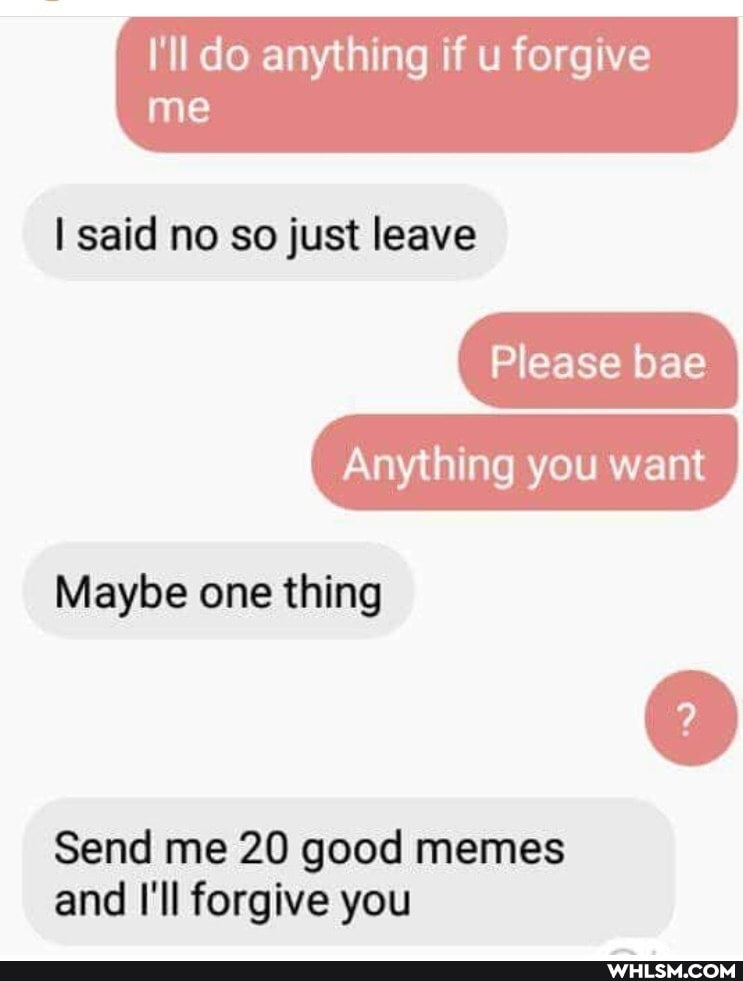 I'll do anything if u forgive me
said no so just leave
Please bae
Anything you want
Maybe one thing
Send me 20 good memes and I'll forgive you