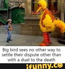 Big bird sees no other way to settle their dispute other than with a duel to the death