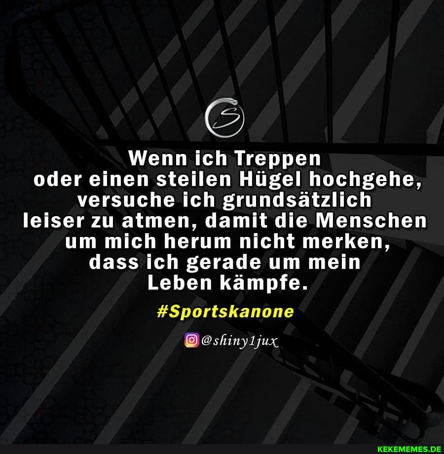 Wenn ich Treppen oder einen steilen Hügel hochgehe, versuche ich grundsätzlich leiser zu atmen, damit die Menschen um mich herum nicht merken, dass ich gerade um mein
Leben kämpfe.
#Sportskanone
@shinyljux