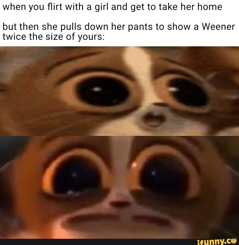 when you flirt with a girl and get to take her home
but then she pulls down her pants to show a Weener twice the size of yours: