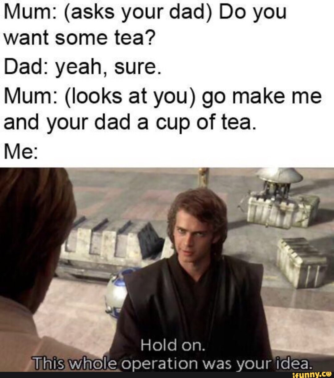 Mum Asks Your Dad Do You Want Some Tea Dad Yeah Sure Mum Looks At You Go Make Me And Your Dad A Cup Of Tea