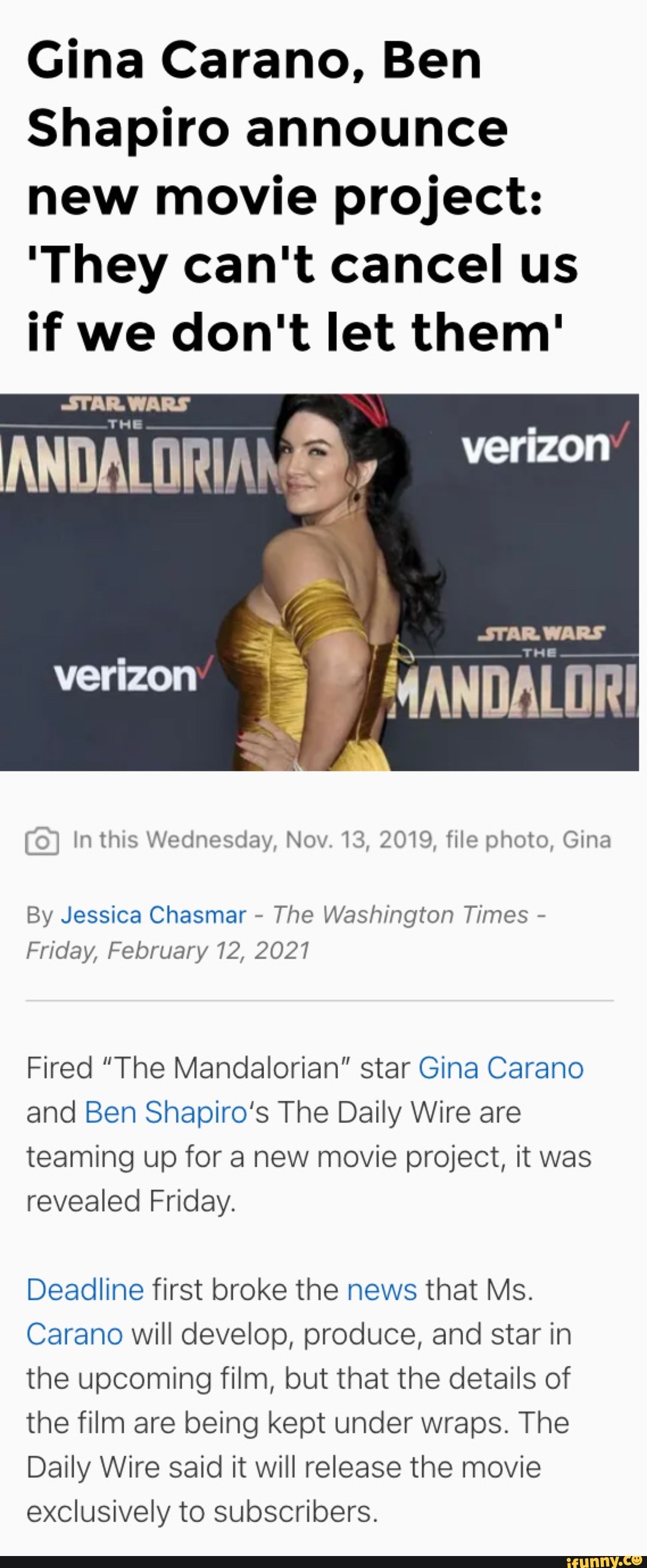 Gina Carano, Ben Shapiro announce new movie project "They can't cancel