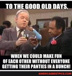 TO THE GOOD OLD DAYS,
WHEN WE COULD MAKE FUN OF EACH OTHER WITHOUT EVERYONE GETTING THEIR PANTIES IN A BUNCHI