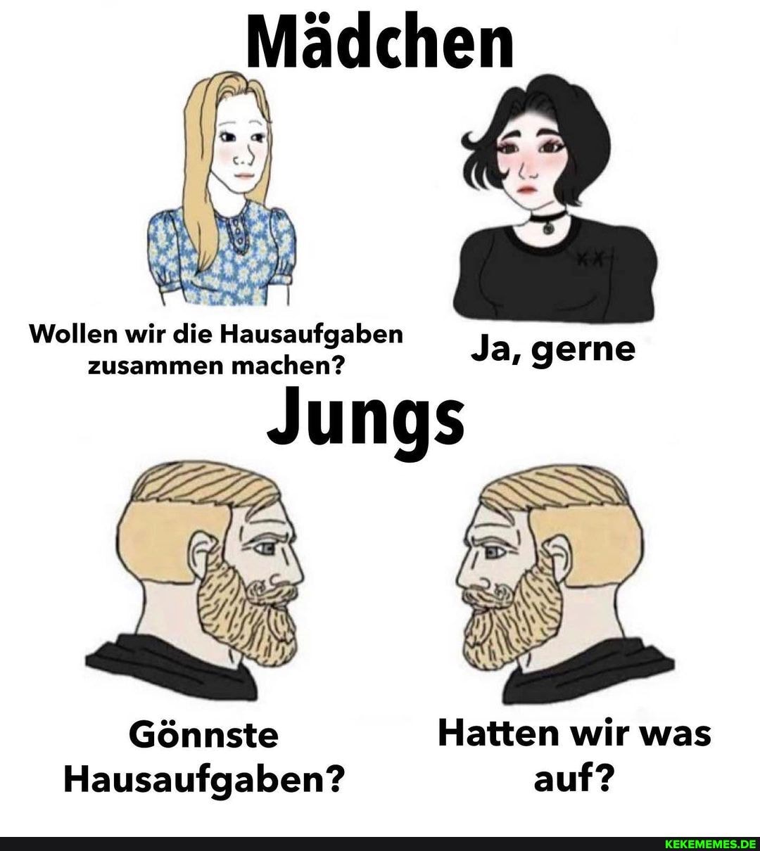 Mädchen
Wollen wir die Hausaufgaben
zusammen machen? Ja, gerne
Gönnste Hatten wir was
Hausaufgaben? auf?