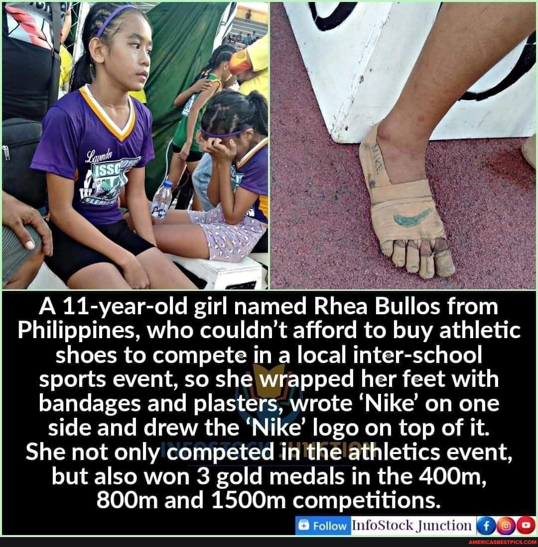 A 11-year-old girl named Rhea Bullos from
Philippines, who couldn't afford to buy athletic shoes to compete in a local inter-school sports event, so she wrapped her feet with bandages and plasters, wrote 'Nike' on one side and drew the 'Nike' logo on top of it.
She not only competed in the athletics event, but also won 3 gold medals in the 400m,
800m and 1500m competitions.
Fotiow InfoStock Junction