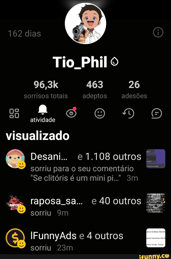 162 dias
Tio Philo
26
sorrisos totais adeptos adesões oo atividade visualizado
Desani.. e 1.108 outros
sorriu para o seu comentário
"Se clitóris é um mini pi..."
Too sa.. 40 outros
sorriu
IFunnyAds e 4 outros sorriu
