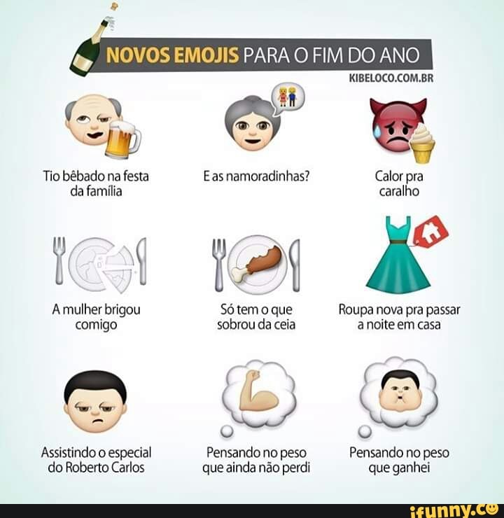 S OS EMOJIS PARA O FIM DO ANO
brigou que Roupa pra passar
comigo sobrou da ceia anoite em casa
Assistindo o especial Pensando no peso Pensando no peso
do Roberto Carlos que ainda não perdi que ganhei