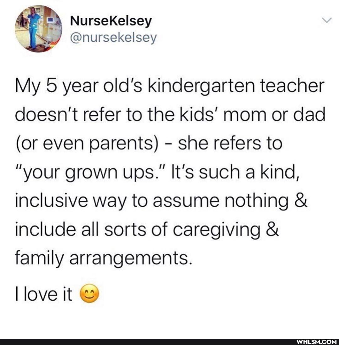 My 5 year old's kindergarten teacher doesn't refer to the kids' mom or dad
(or even parents) - she refers to
"your grown ups." It's such a kind, inclusive way to assume nothing & include all sorts of caregiving & family arrangements.
love it
