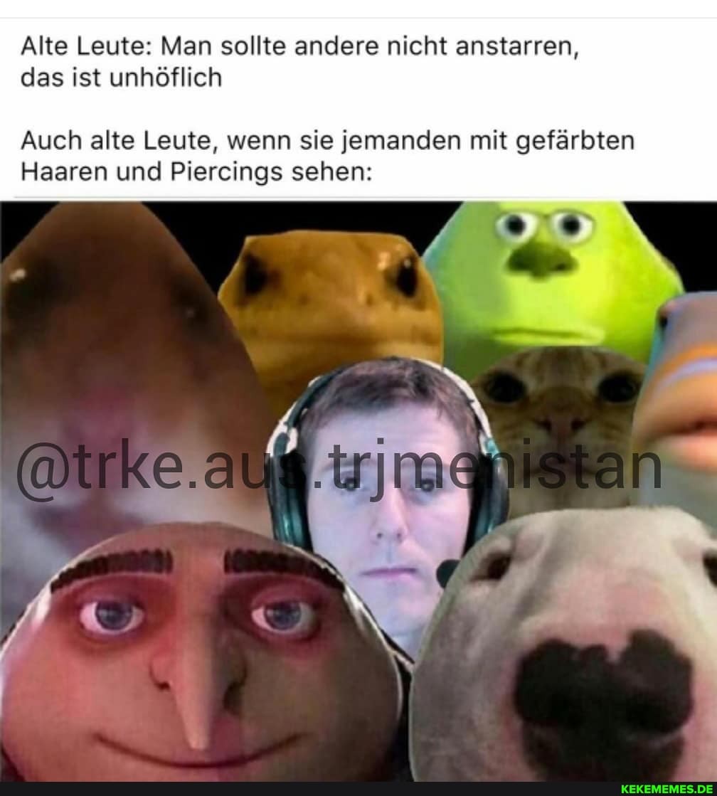 Alte Leute: Man sollte andere nicht anstarren, das ist unhöflich
Auch alte Leute, wenn sie jemanden mit gefärbten
Haaren und Piercings sehen:
@t ke. an
