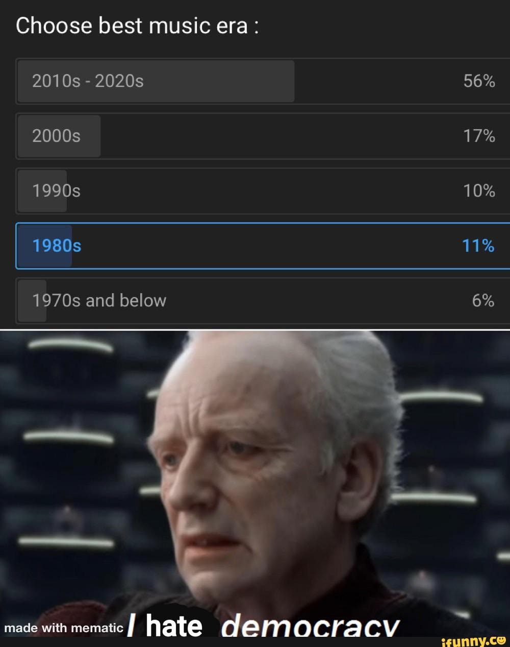 Choose best music era: 2010s - 2020s 2000s 17% 1990s 10% 6% 1980s 1970s and  below hata - iFunny