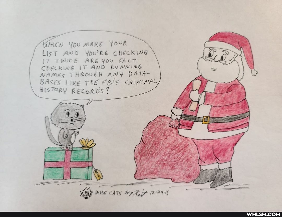 HEN You MAKE YOUR LisT AMD YourRE CHECKING IT TWICE ARE You FACT
CHECKWE AND RUAMING NAMEs THROVEH ANY DATA-
BAses Lime THE FBI's crimwal
HISTORY Records?
Wise
EATS