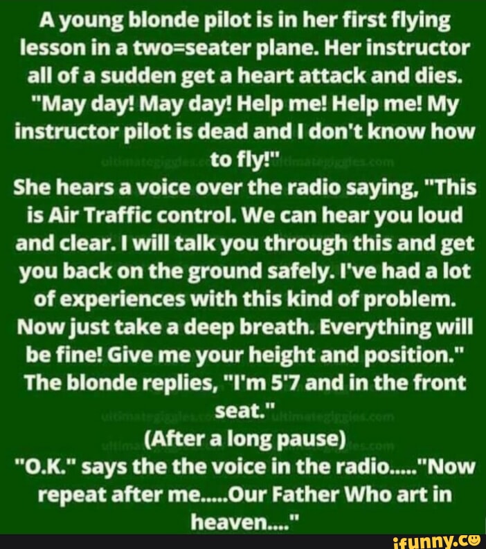 Young blonde pilot is in her first flying lesson in a plane. Her ...
