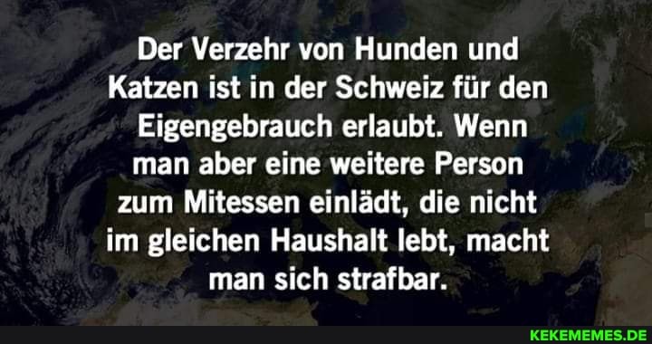 Der Verzehr von Hunden und
Katzen ist in der Schweiz für den
Eigengebrauch erlaubt. Wenn
man aber eine weitere Person
zum Mitessen einlädt, die nicht
im gleichen Haushalt lebt, macht
man sich strafbar.