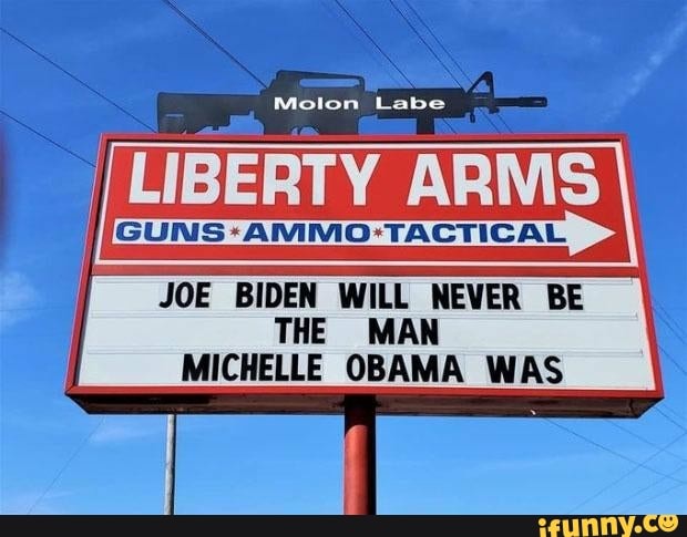 Molon Labe
[LIBERTY ARMS
I
a JOE BIDEN WILL NEVER BE
A THE MAN I MICHELLE OBAMA WAS