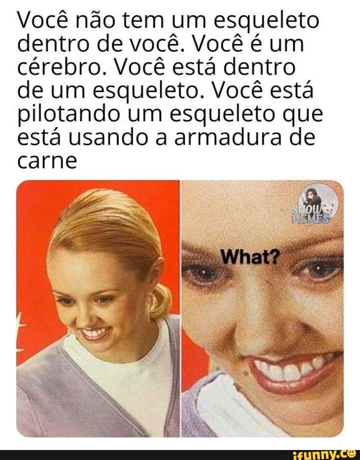 Você não tem um esqueleto
dentro de você. Você é um
cérebro. Você está dentro
de um esqueleto. Você está
pilotando um esqueleto que
está usando a armadura de
carne