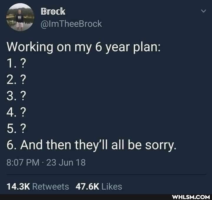 Brock
Working on my 6 year plan:
1.?
ND
5.?
6. And then they'll all be sorry.
PM - 23 Jun 18
14 Rotweocotce AT AK ilkac