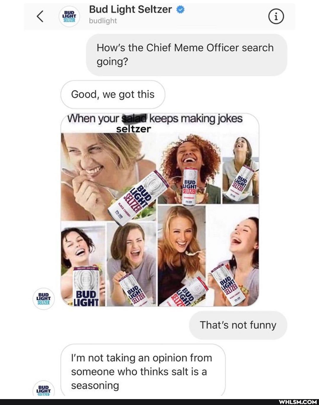 Bud Light Seltzer
< budlight
How's the Chief Meme Officer search going?
Good, we got this
making jokes eltzer
When your
That's not funny
I'm not taking an opinion from someone who thinks salt is a seasoning