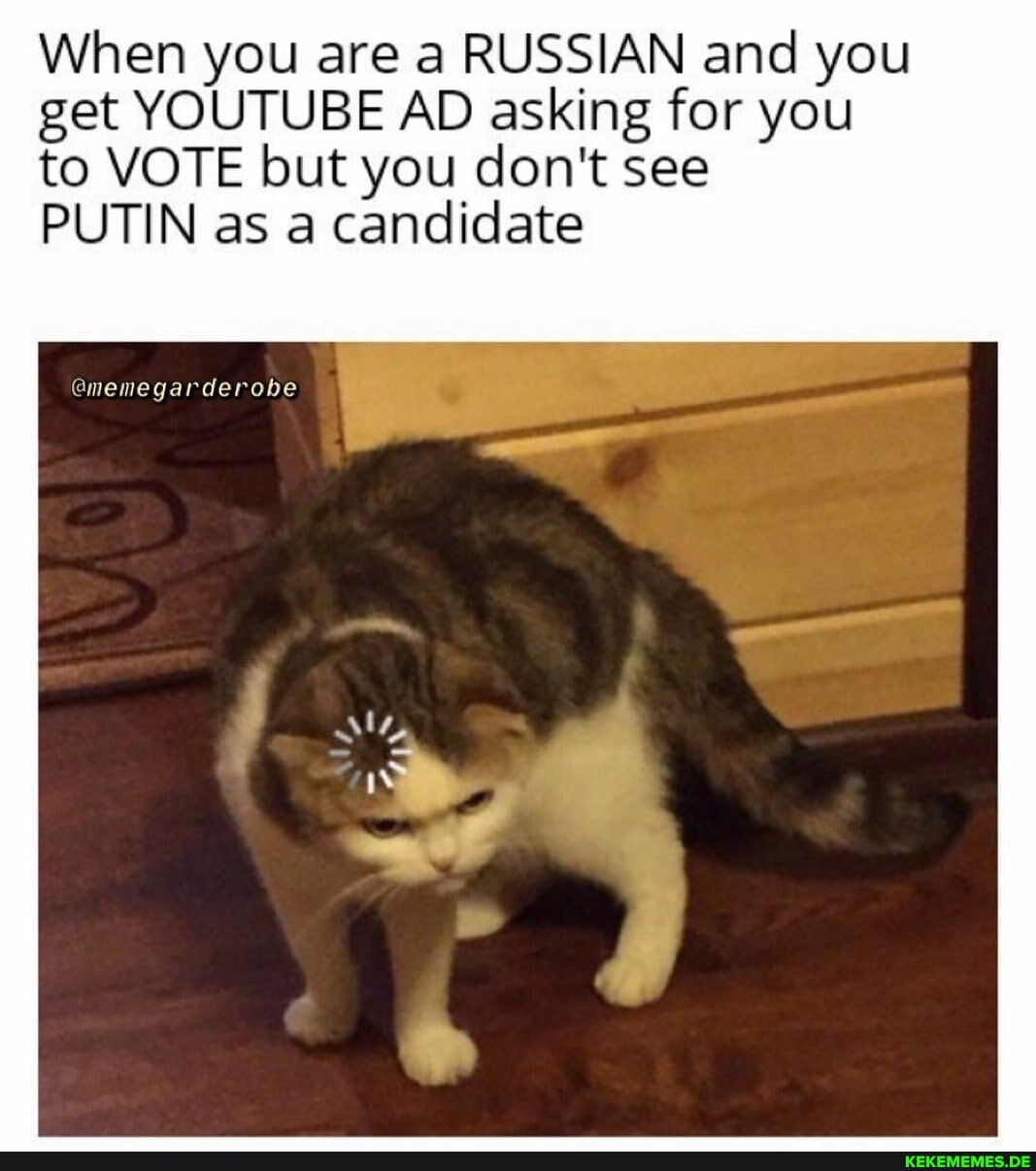 When you are a RUSSIAN and you get YOUTUBE AD asking for you to VOTE but you don't see
PUTIN as a candidate
@memegarderobe