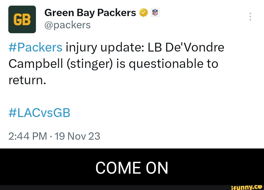 Green Bay Packers @packers #Packers injury update: LB De'Vondre