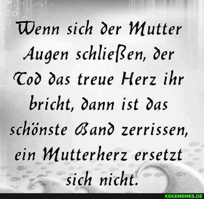 Wenn sich der Mutter
Augen schliefen, der
Tod das treue Herz ihr bricht, dann ist das schönste Band zerrissen, ein Mutterherz ersetzt sich nicht.