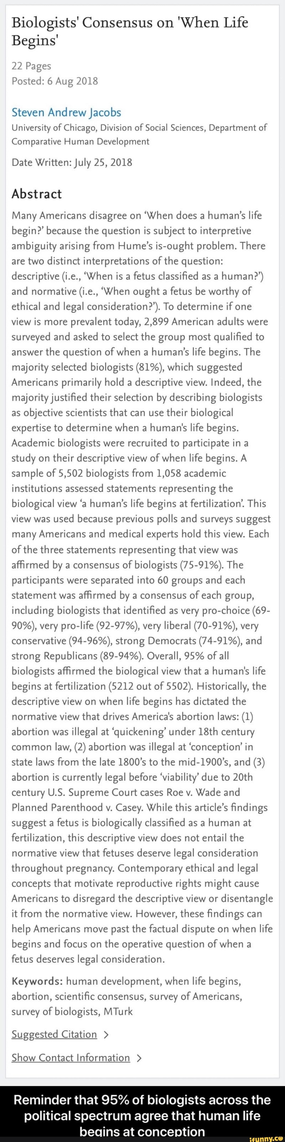 Biologists' Consensus on 'When Life Begins' 22 Pages Posted: 6 Aug 2018 ...