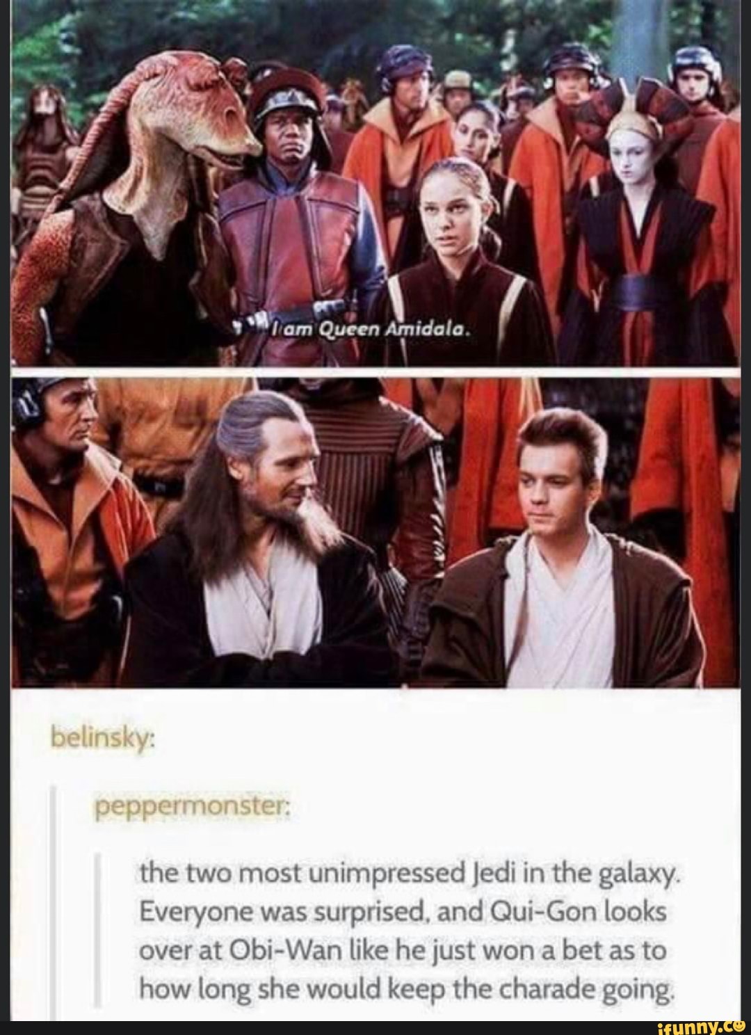 the two most unimpressed Jedi in the galaxy
Everyone was
surprised, and Qui-Gon looks
over at Obi-Wan like he just won a
bet as to
how long she would keep the charade going