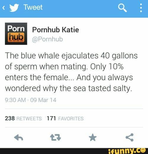 Y Tweet OL Pornhub Katie @Pornhub The blue whale ejaculates 40 gallons of  sperm when mating.
