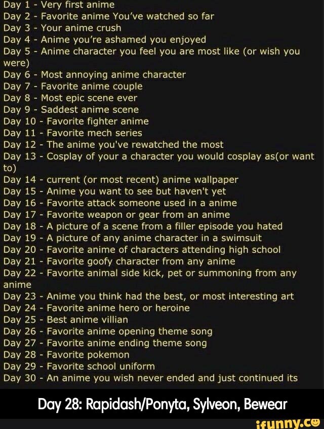 Day 1 Very first anime Day 2 Favorite anime You've watched so far Day 3