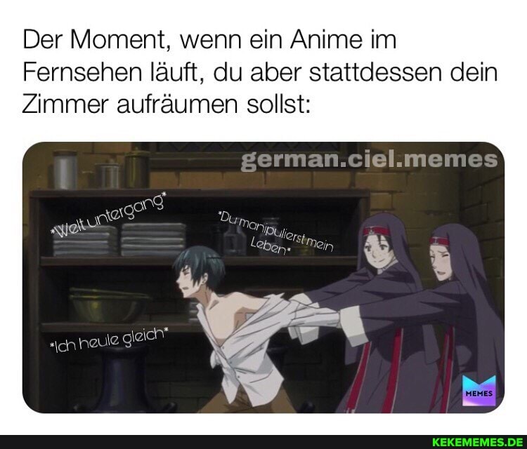 Der Moment, wenn ein Anime im
Fernsehen läuft, du aber stattdessen dein
Zimmer aufräumen sollst: