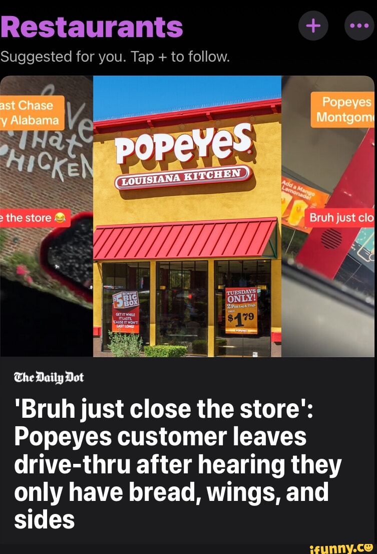 Restaurants + Popeyes Suggested for you. Tap + to follow. y Alabama ast
