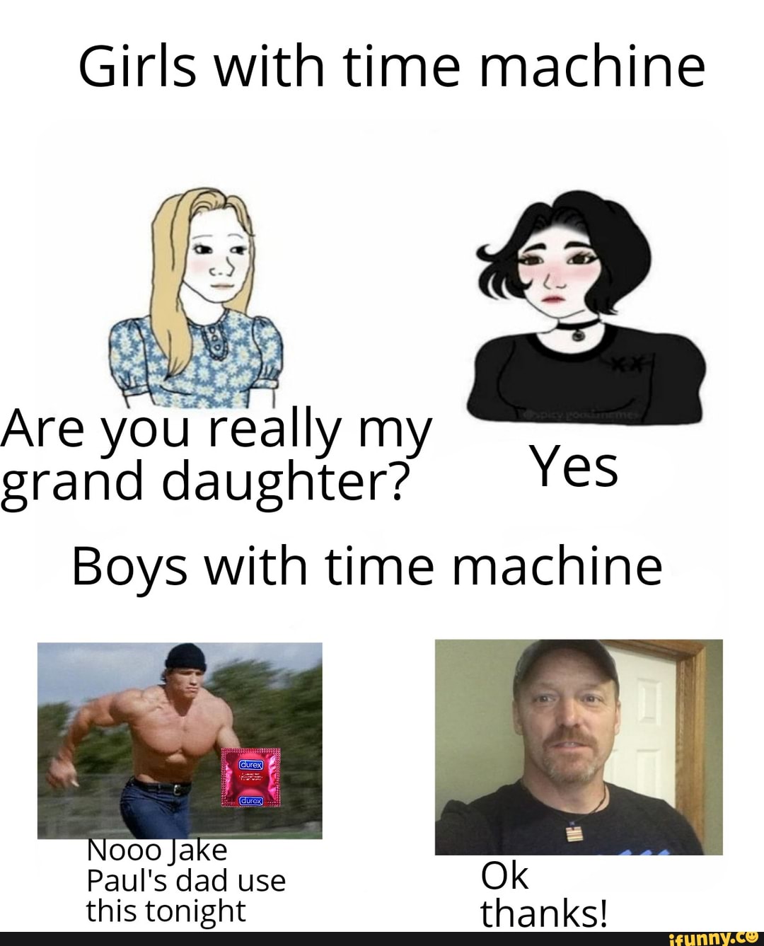 Girls with time machine Are you really my grand daughter? Yes Boys with ...