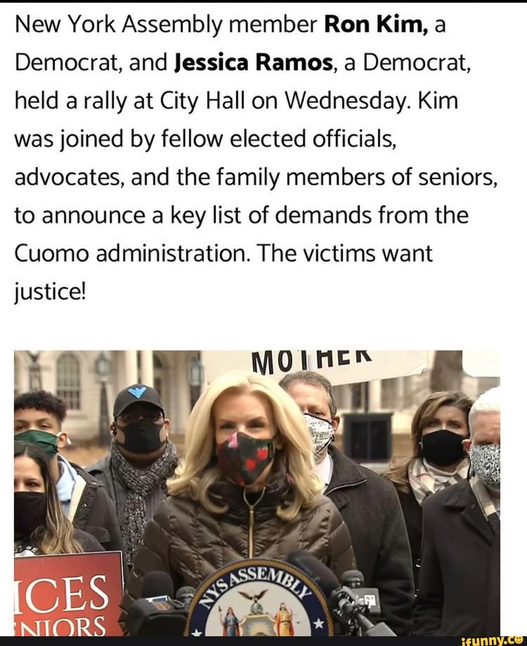 New York Assembly member Ron Kim, a
Democrat, and Jessica Ramos, a Democrat, held a rally at City Hall on Wednesday. Kim was joined by fellow elected officials, advocates, and the family members of seniors, to announce a key list of demands from the
Cuomo administration. The victims want
justice!