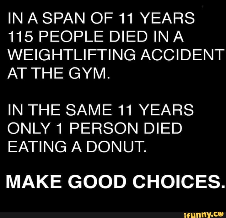 In A Span Of 11 Years 115 People Died In A Weightlifting Accident At The Gym In The Same 11 Years Only1 Person Died Eating A Donut Make Good Choices Ifunny