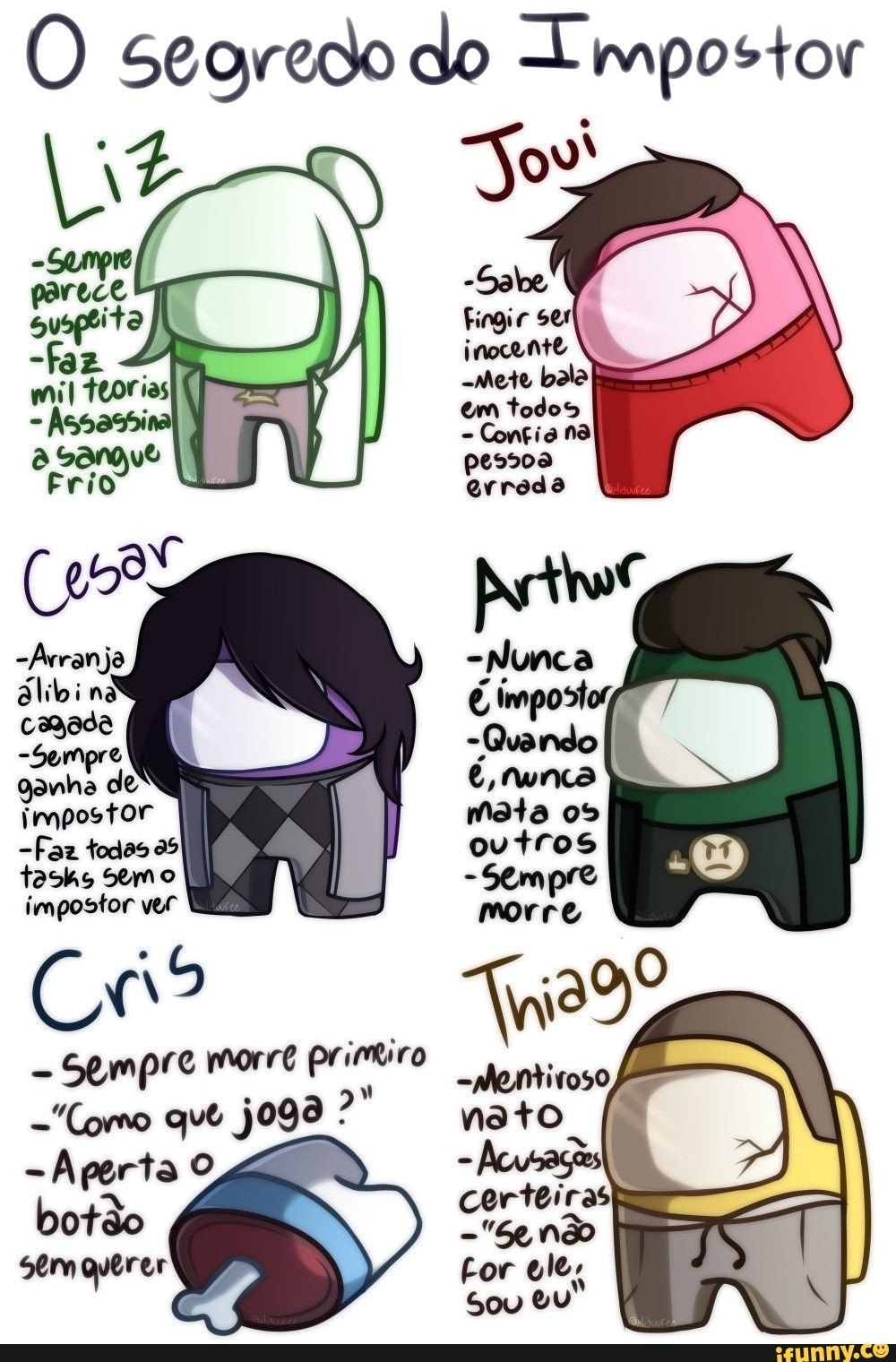 O segredo do Impostor
impostor
-Faz todas
tasks emo
impostor ver
Sempre morre primiro
- "Como que joga
-Aperta O botão sem querer
Sos
-Sabe
Fingir ser
= 28
-meto bala um todos
Congio na pessoa grroda
-Nunca
6 imposto;
Quando
6, Munca mata ovtros
-Sempre
morre