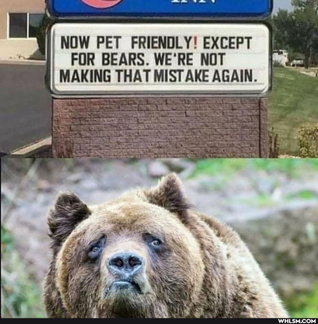 I NOW PET FRIENDLY! EXCEPT MAKING THAT MISTAKE AGAIN. I FOR BEARS. WE'RE NOT MAKING THAT
MISTAKE AGAIN.