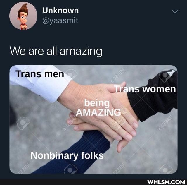 Unknown
We are all amazing
Trans men
Trans women being
AMAZING
Nonbinary folks