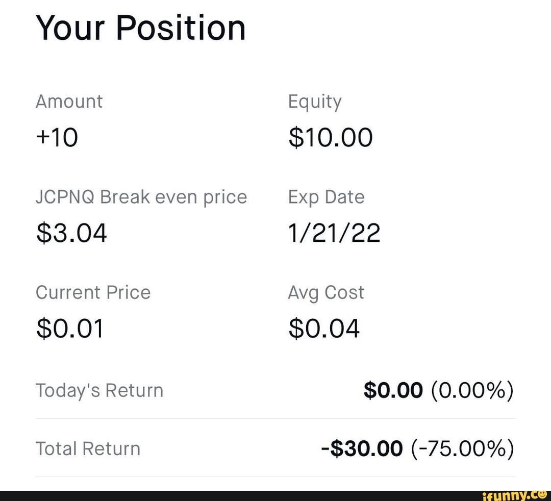 Your Position Amount +10 JCPNQ Break even price Current Price $0.01 ...