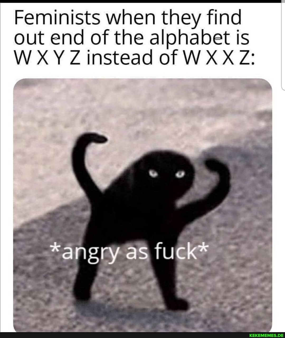 Feminists when they find out end of the alphabet is
W XY Z instead of W X X Z:
- -
*angry as fuck*
> > nell ,