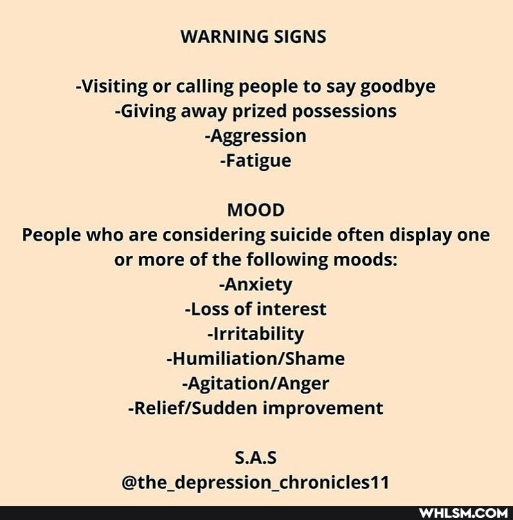 WARNING SIGNS
-Visiting or calling people to say goodbye
-Giving away prized possessions
-Aggression
-Fatigue
MOOD People who are considering suicide often display one or more of the following moods:
-Anxiety
-Loss of interest
-Irritability
Anger improvement
S.A.S
@the depression __chronicles11
