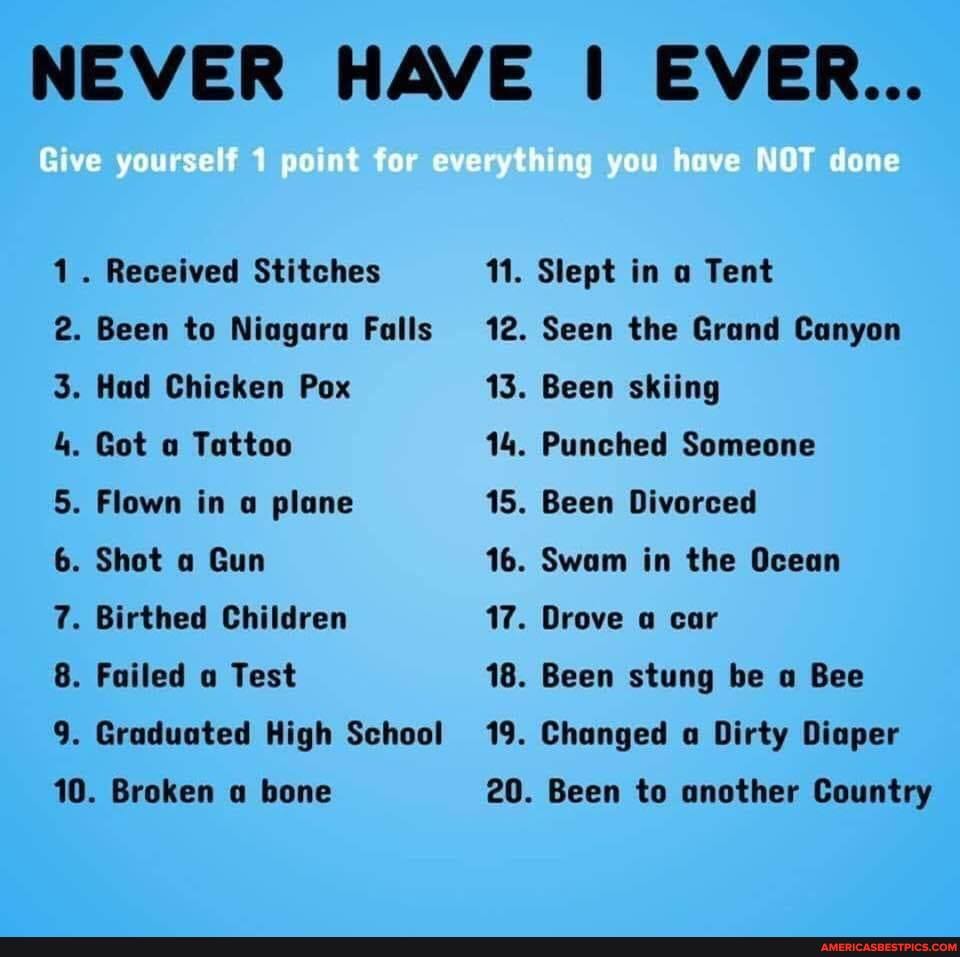 NEVER HAVE EVER...
Give yourself point for everything you hove NOV done
1. Received Stitches
2. Been to Niagara Falls
3. Had Chicken Pox
4. Got a Tattoo
5. Flown in a plane
6. Shot a Gun
7. Birthed Children
8. Failed a Test
9. Graduated High School
10. Broken a bone
11.
12.
13.
14.
15.
16.
17.
18.
19.
20.
Slept in a Tent
12 Seen the Grand Canyon
Been skiing
Punched Someone
Been Divorced
Swam in the Ocean
Drove a car
Been stung be a Bee
Changed a Dirty Diaper
Been to another Country