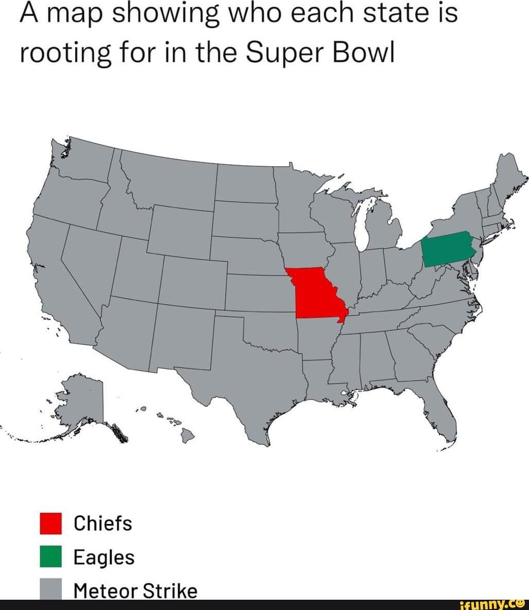 A map showing who each state is rooting for in the Super Bowl Chiefs