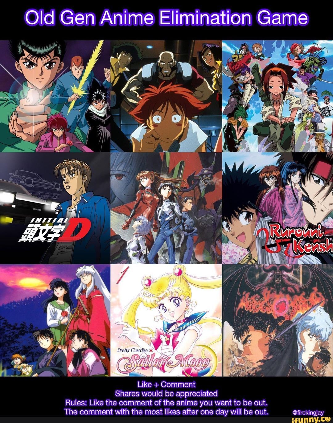 Old Gen Anime Elimination Game Op Like + Comment Shares would be  appreciated Rules: Like the comment of the anime you want to be out. -  
