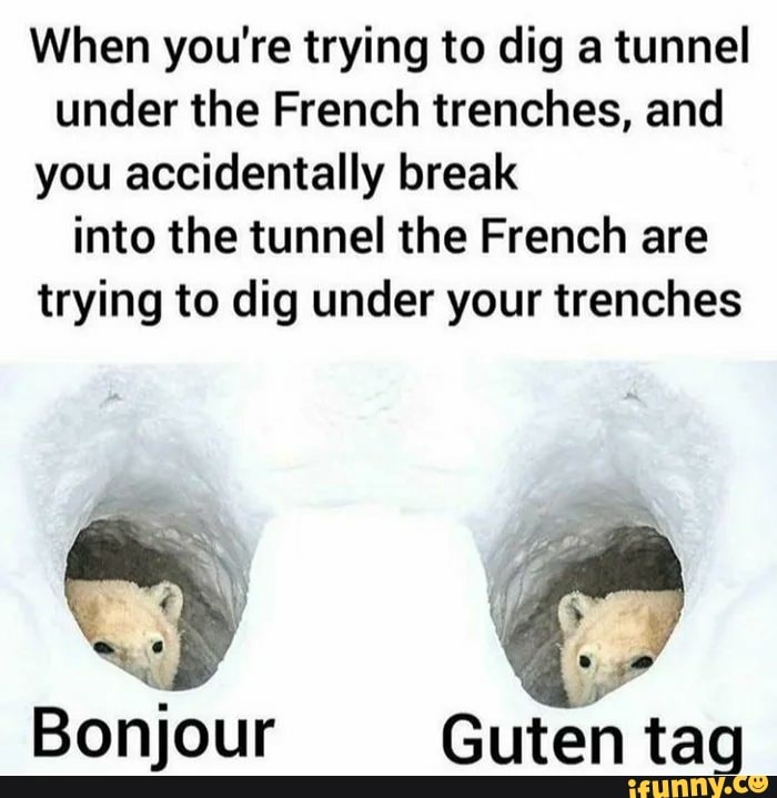 When you're trying to dig a tunnel
under the French trenches, and
you accidentally break
into the tunnel the French are
trying to dig under your trenches
Bonjour Guten tag