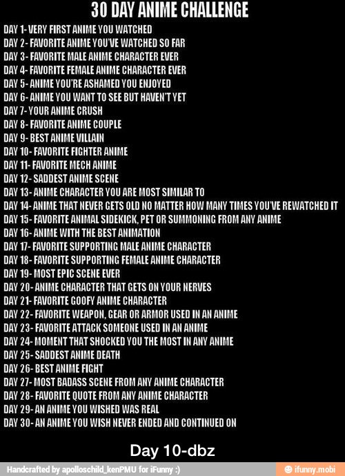 30 DAY ANIME CHALLENGE
DAY 1-VERY FIRST ANIME YOU WATCHED
DAY 2- FAVORITE ANIME YOU'VE WATCHED SO FAR
DAY 3- FAVORITE MALE ANIME CHARACTER EVER
DAY 4- FAVORITE FEMALE ANIME CHARACTER EVER
DAY 5- ANIME YOU'RE ASHAMED YOU ENJOYED
DAY G- ANIME YOU WANT TO SEE BUT HAVEN'T VET
DAY 7-YOUR ANIME CRUSH
DAY 8- FAVORITE ANIME COUPLE
DAY 9- BEST ANIME VILLAIN
DAY 10- FAVORITE FIGHTER ANIME
DAY 11- FAVORITE MECH ANIME
DAY 12- SADDEST ANIME SCENE
DAY 13- ANIME CHARACTER YOU ARE MOST SIMILAR TO
DAY 14- ANIME THAT NEVER GETS OLD NO MATTER HOW MANY TIMES YOU'VE REWATCHED IT
DAY 15- FAVORITE ANIMAL SIDEKICK, PET OR SUMMONING FROM ANY ANIME
DAY 16- ANIME WITH THE BEST ANIMATION
DAY 17- FAVORITE SUPPORTING MALE ANIME CHARACTER
DAY 18- FAVORITE SUPPORTING FEMALE ANIME CHARACTER
DAY 19- MOST EPIC SCENE EVER
DAY 20- ANIME CHARACTER THAT GETS ON YOUR NERVES
DAY 21- FAVORITE GOOFY ANIME CHARACTER
DAY 22- FAVORITE WEAPON, GEAR OR ARMOR USED IN AN ANIME
DAY 23- FAVORITE ATTACK SOMEONE USED IN AN ANIME
DAY 24- MOMENT THAT SHOCKED YOU THE MOST IN ANY ANIME
DAY 25- SADDEST ANIME DEATH
DAY 26- BEST ANIME FIGHT
DAY 27- MOST BADASS SCENE FROM ANY ANIME CHARACTER
DAY 28- FAVORITE QUOTE FROM ANY ANIME CHARACTER
DAY 29- AN ANIME YOU WISHED WAS REAL
DAY 30- AN ANIME YOU WISH NEVER ENDED AND CONTINUED ON
Day 10-dbz - Day 10-dbz