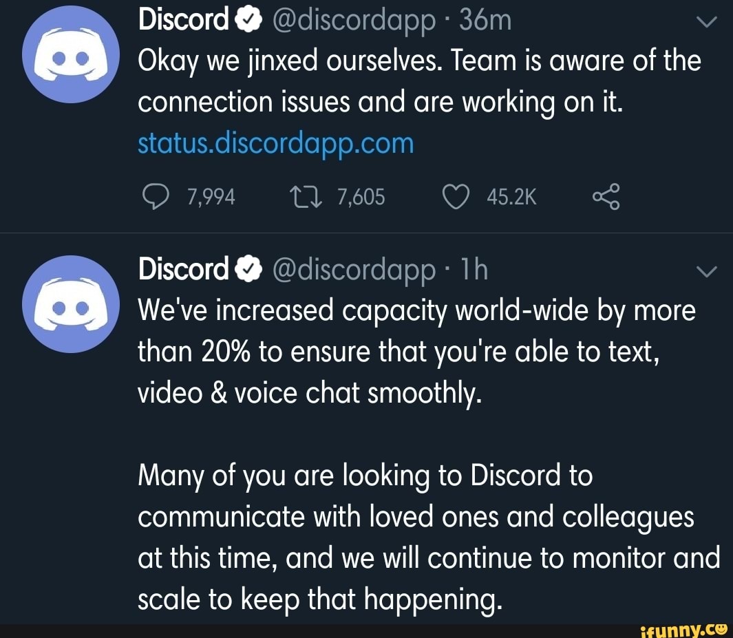 Discord discordapp Okay we jinxed ourselves. Team is aware of the